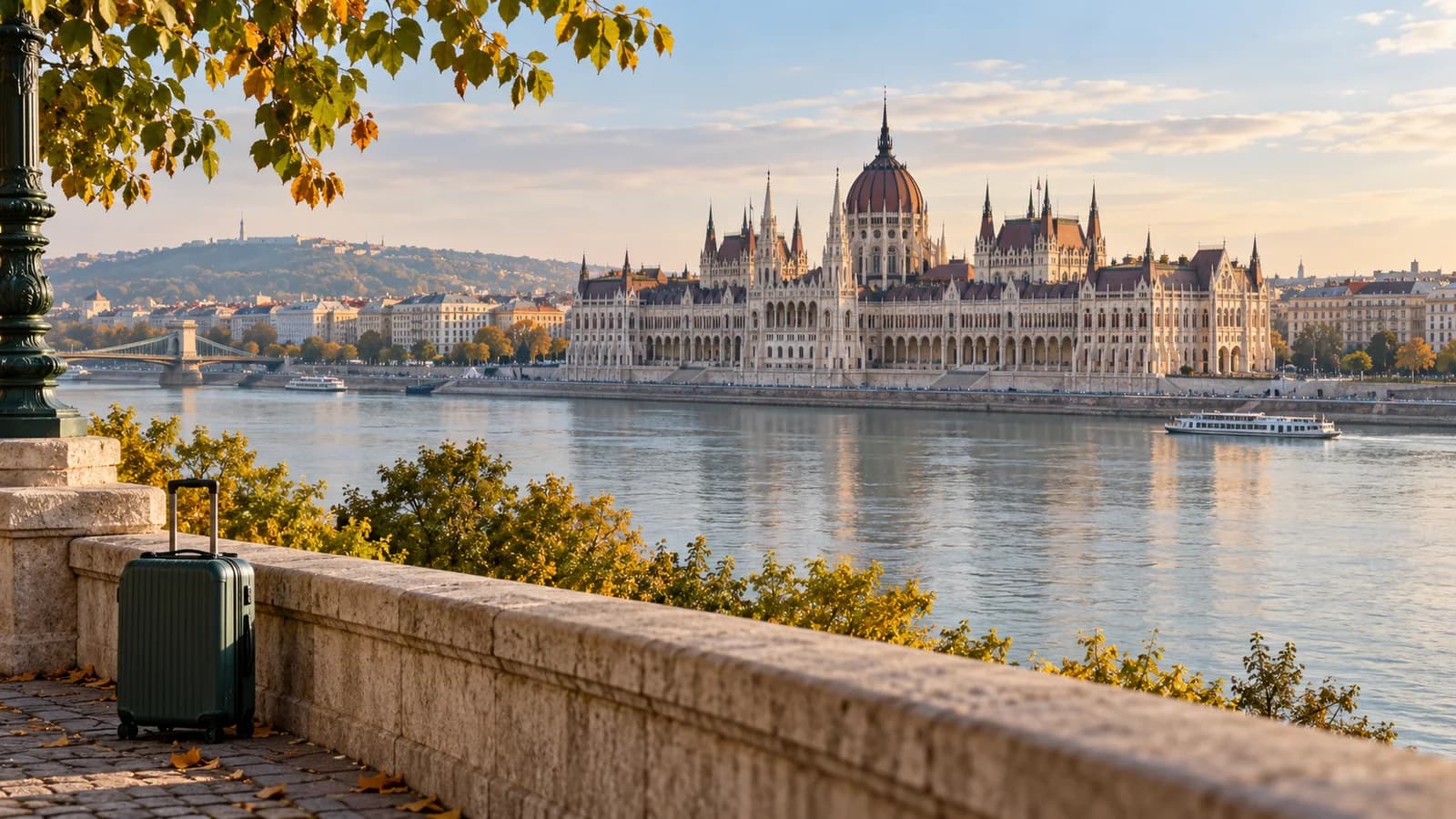 Visuel éditorial créé par IA : le Parlement de Budapest de l’autre côté du Danube et une valise verte sur la promenade au bord du fleuve.