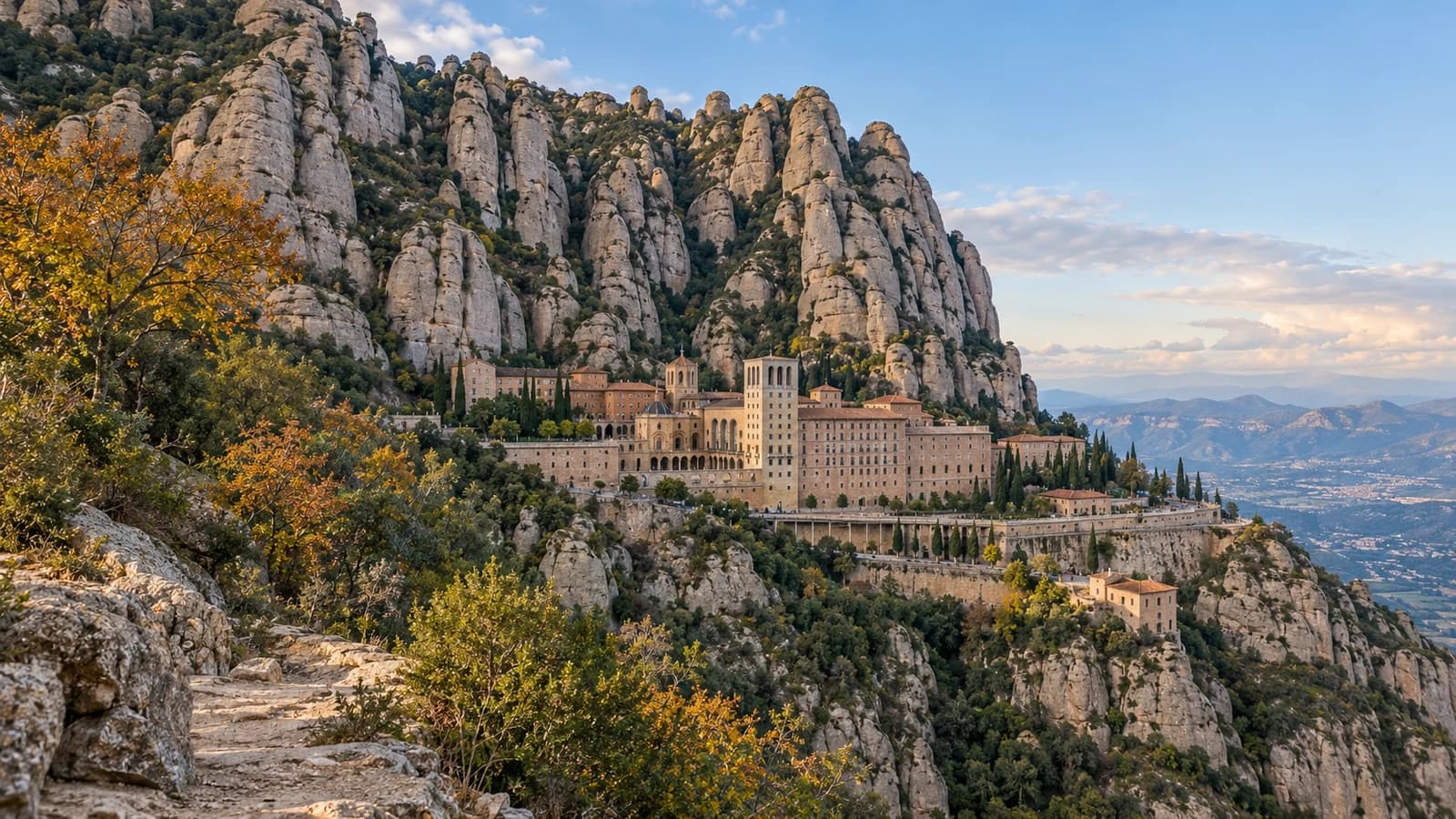 KI-generiertes redaktionelles Motiv des Klosters Montserrat unter den gerundeten Felsgipfeln Kataloniens.